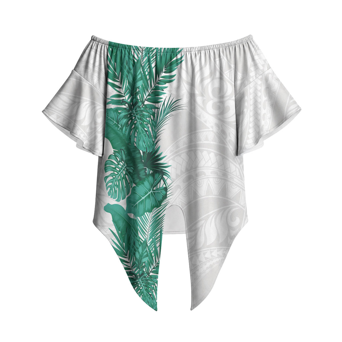 Hawaii Tropical Leaves Off Shoulder Wrap Waist Top Polynesian Pattern LT01 White - Polynesian Pride