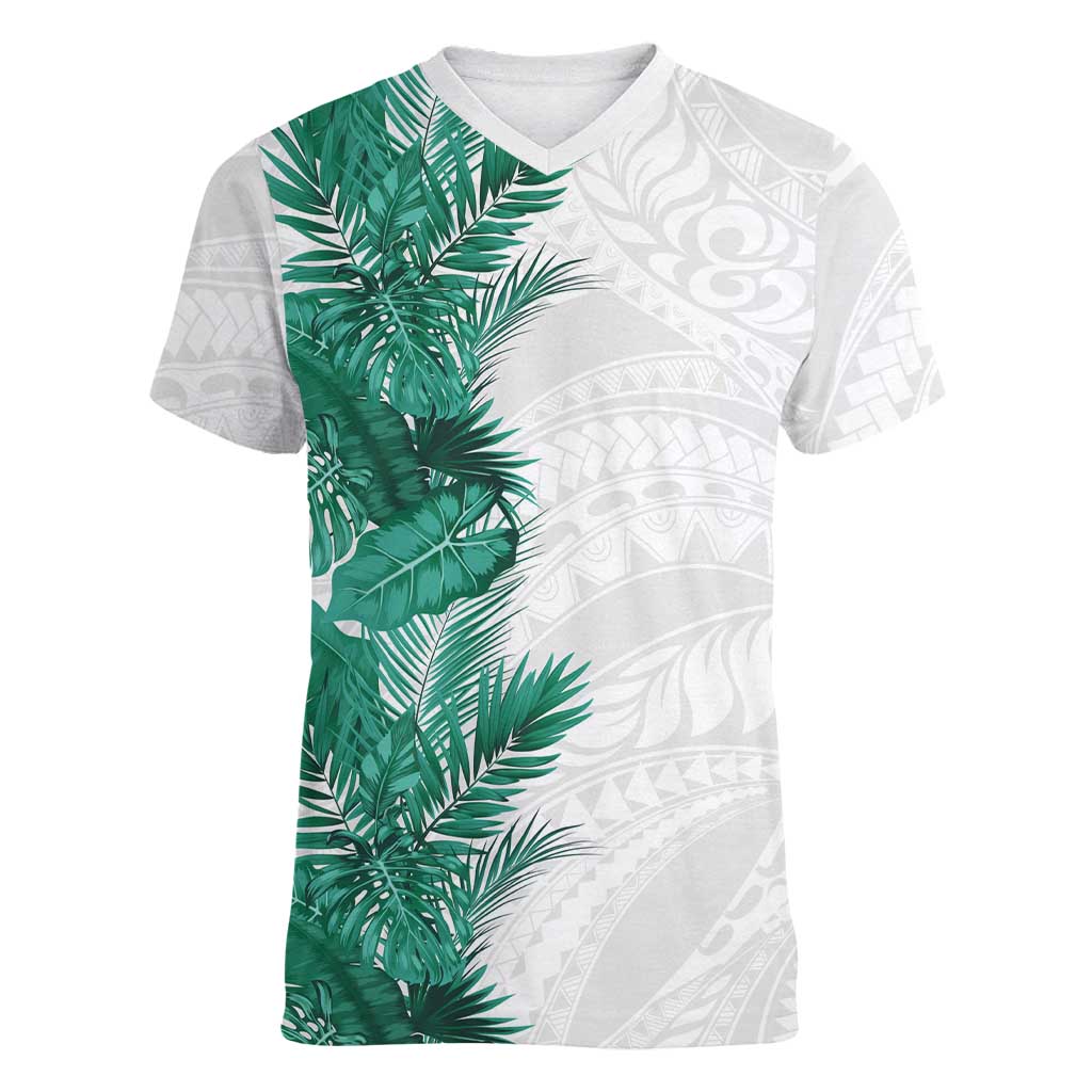 Hawaii Tropical Leaves Women V-Neck T-Shirt Polynesian Pattern LT01 Female White - Polynesian Pride