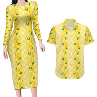 Hawaii Lemon Palaka Couples Matching Long Sleeve Bodycon Dress and Hawaiian Shirt Striped Stylized