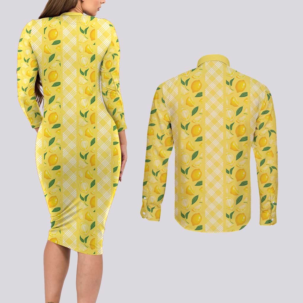 Hawaii Lemon Palaka Couples Matching Long Sleeve Bodycon Dress and Long Sleeve Button Shirt Striped Stylized