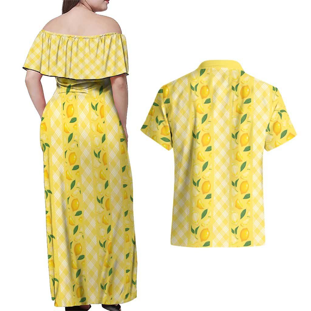 Hawaii Lemon Palaka Couples Matching Off Shoulder Maxi Dress and Hawaiian Shirt Striped Stylized