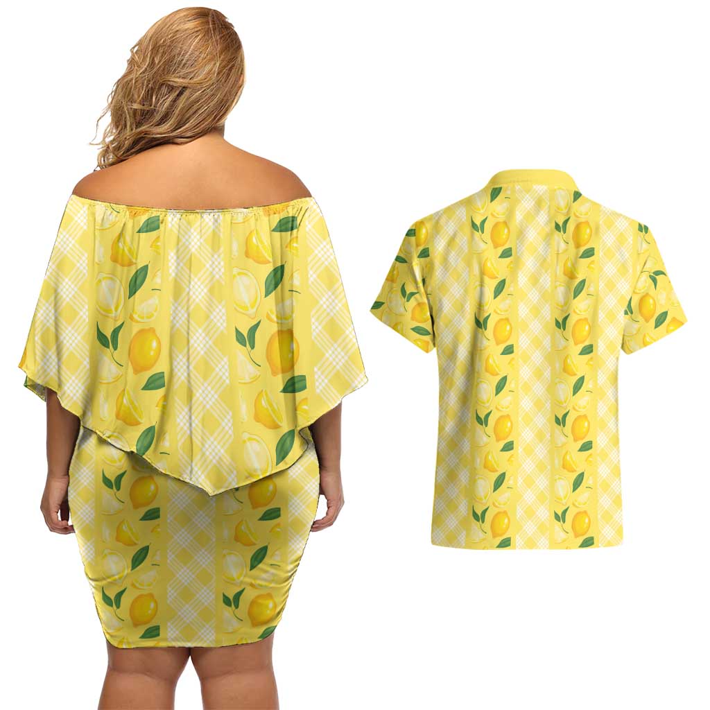Hawaii Lemon Palaka Couples Matching Off Shoulder Short Dress and Hawaiian Shirt Striped Stylized