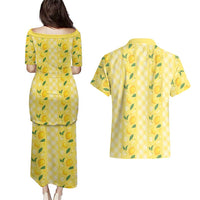 Hawaii Lemon Palaka Couples Matching Puletasi and Hawaiian Shirt Striped Stylized