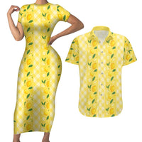 Hawaii Lemon Palaka Couples Matching Short Sleeve Bodycon Dress and Hawaiian Shirt Striped Stylized