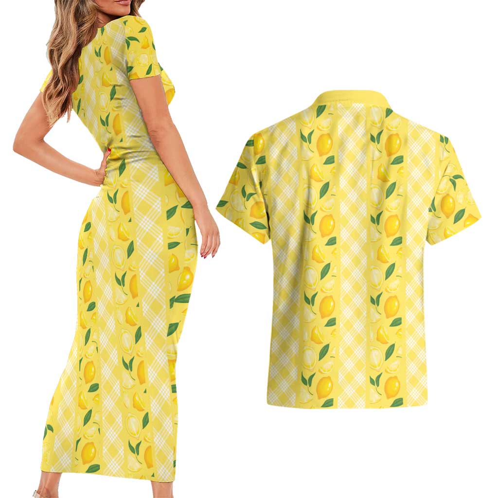 Hawaii Lemon Palaka Couples Matching Short Sleeve Bodycon Dress and Hawaiian Shirt Striped Stylized