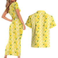 Hawaii Lemon Palaka Couples Matching Short Sleeve Bodycon Dress and Hawaiian Shirt Striped Stylized