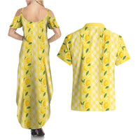 Hawaii Lemon Palaka Couples Matching Summer Maxi Dress and Hawaiian Shirt Striped Stylized
