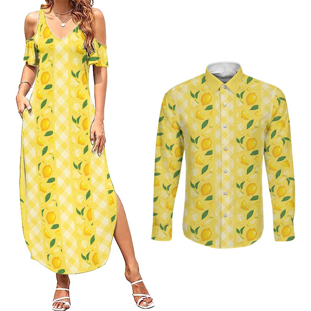 Hawaii Lemon Palaka Couples Matching Summer Maxi Dress and Long Sleeve Button Shirt Striped Stylized