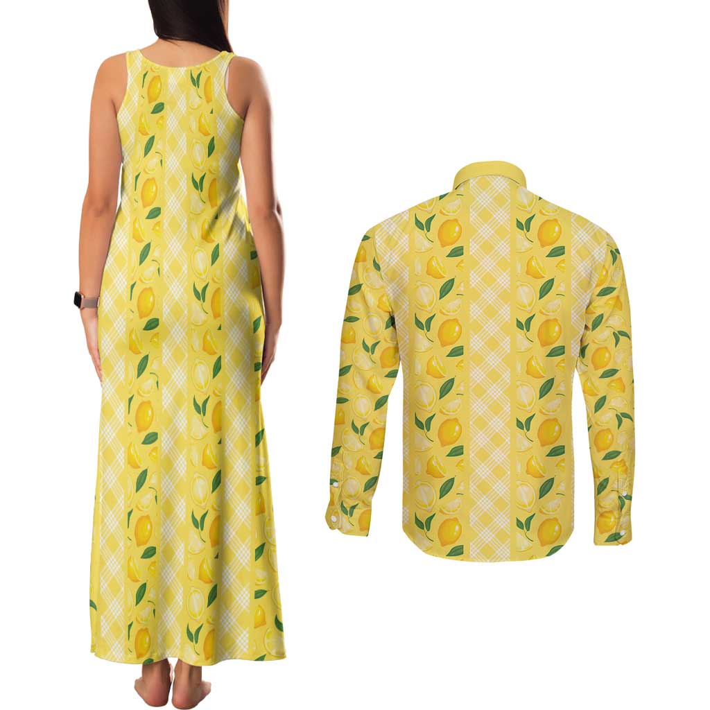 Hawaii Lemon Palaka Couples Matching Tank Maxi Dress and Long Sleeve Button Shirt Striped Stylized