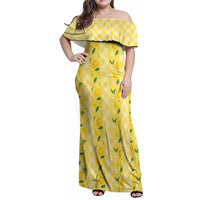Hawaii Lemon Palaka Family Matching Off Shoulder Maxi Dress and Hawaiian Shirt Striped Stylized