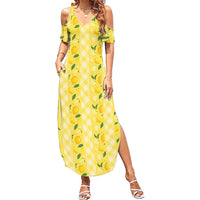 Hawaii Lemon Palaka Family Matching Summer Maxi Dress and Hawaiian Shirt Striped Stylized
