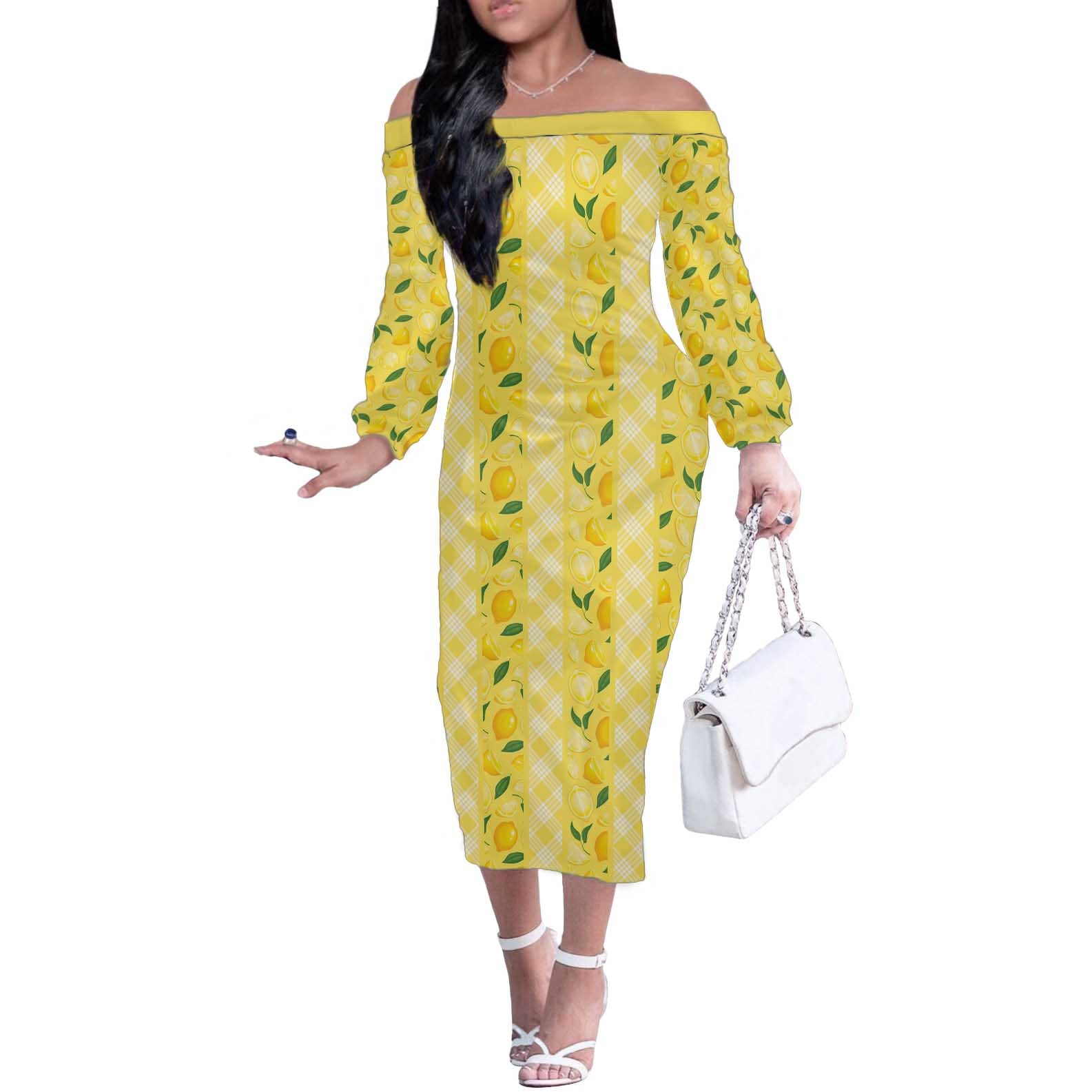 Hawaii Lemon Palaka Off The Shoulder Long Sleeve Dress Striped Stylized