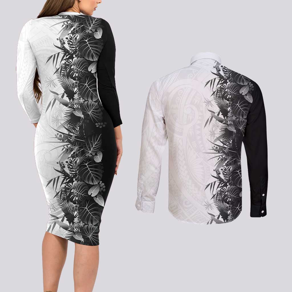 Hawaii Tropical Plant Monochrome Couples Matching Long Sleeve Bodycon Dress and Long Sleeve Button Shirt Vibrant Polynesian Pattern