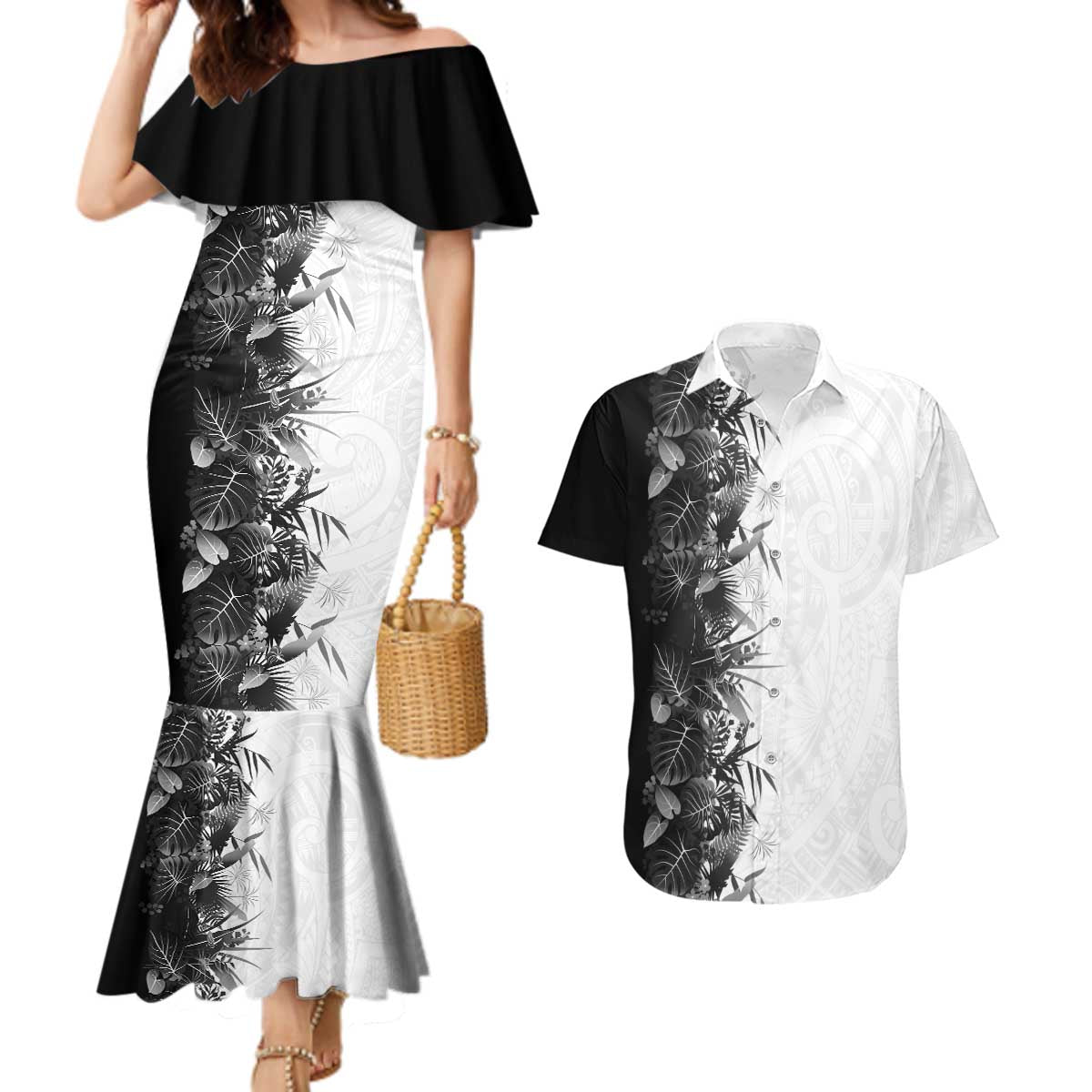 Hawaii Tropical Plant Monochrome Couples Matching Mermaid Dress and Hawaiian Shirt Vibrant Polynesian Pattern