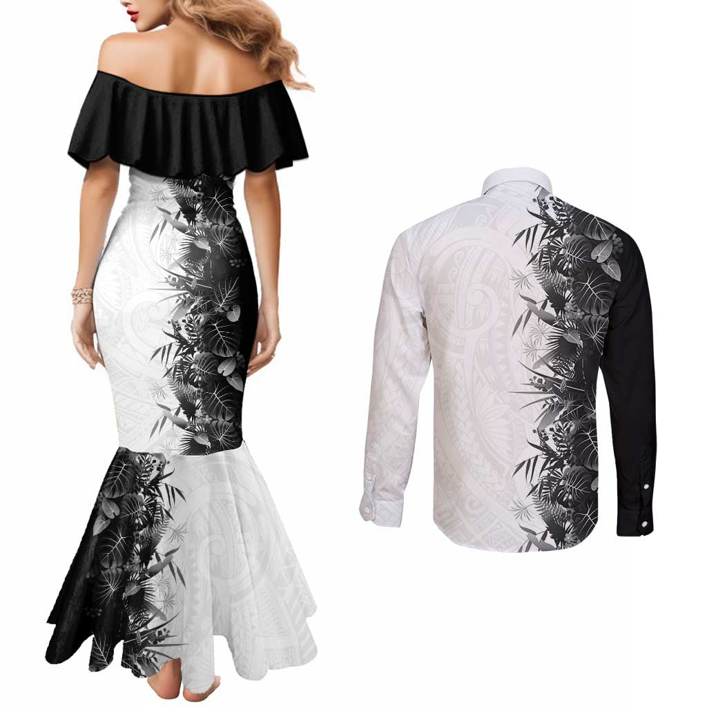 Hawaii Tropical Plant Monochrome Couples Matching Mermaid Dress and Long Sleeve Button Shirt Vibrant Polynesian Pattern