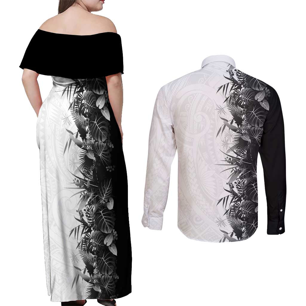 Hawaii Tropical Plant Monochrome Couples Matching Off Shoulder Maxi Dress and Long Sleeve Button Shirt Vibrant Polynesian Pattern