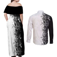 Hawaii Tropical Plant Monochrome Couples Matching Off Shoulder Maxi Dress and Long Sleeve Button Shirt Vibrant Polynesian Pattern
