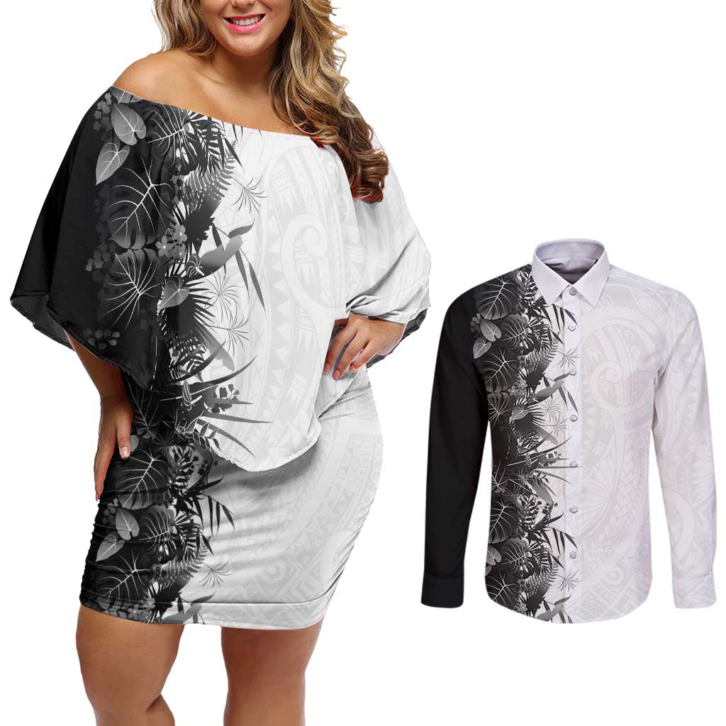 Hawaii Tropical Plant Monochrome Couples Matching Off Shoulder Short Dress and Long Sleeve Button Shirt Vibrant Polynesian Pattern LT01 Black - Polynesian Pride
