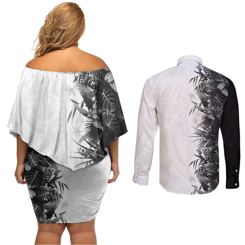 Hawaii Tropical Plant Monochrome Couples Matching Off Shoulder Short Dress and Long Sleeve Button Shirt Vibrant Polynesian Pattern LT01 - Polynesian Pride