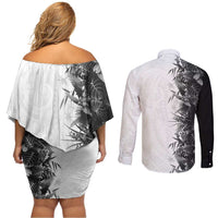 Hawaii Tropical Plant Monochrome Couples Matching Off Shoulder Short Dress and Long Sleeve Button Shirt Vibrant Polynesian Pattern LT01 - Polynesian Pride