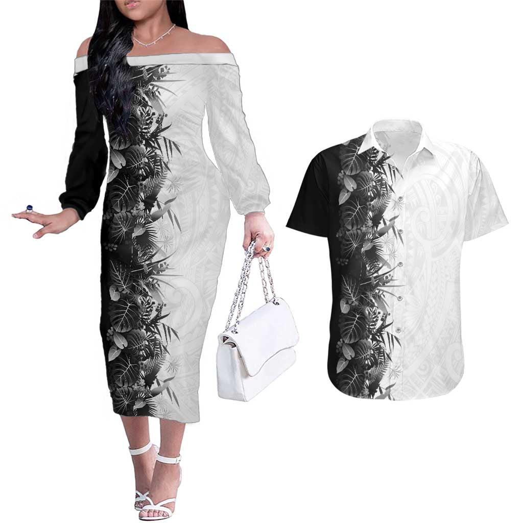 Hawaii Tropical Plant Monochrome Couples Matching Off The Shoulder Long Sleeve Dress and Hawaiian Shirt Vibrant Polynesian Pattern LT01 Black - Polynesian Pride