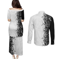Hawaii Tropical Plant Monochrome Couples Matching Puletasi and Long Sleeve Button Shirt Vibrant Polynesian Pattern