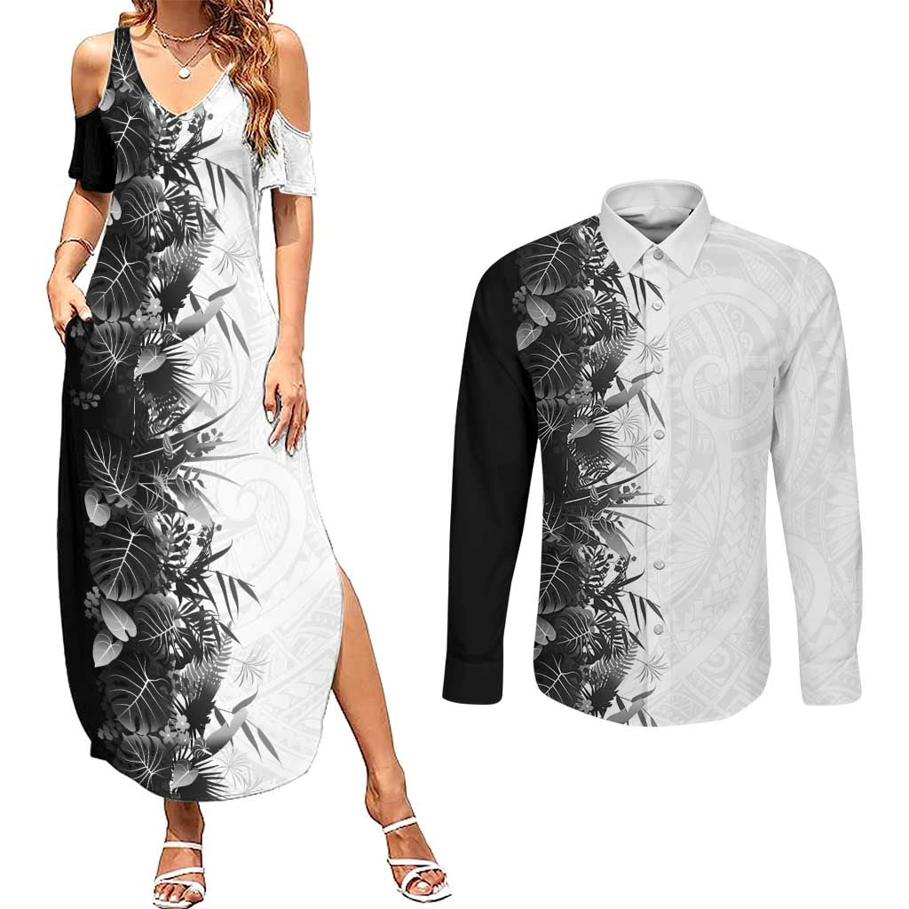 Hawaii Tropical Plant Monochrome Couples Matching Summer Maxi Dress and Long Sleeve Button Shirt Vibrant Polynesian Pattern LT01 Black - Polynesian Pride