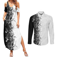 Hawaii Tropical Plant Monochrome Couples Matching Summer Maxi Dress and Long Sleeve Button Shirt Vibrant Polynesian Pattern LT01 Black - Polynesian Pride