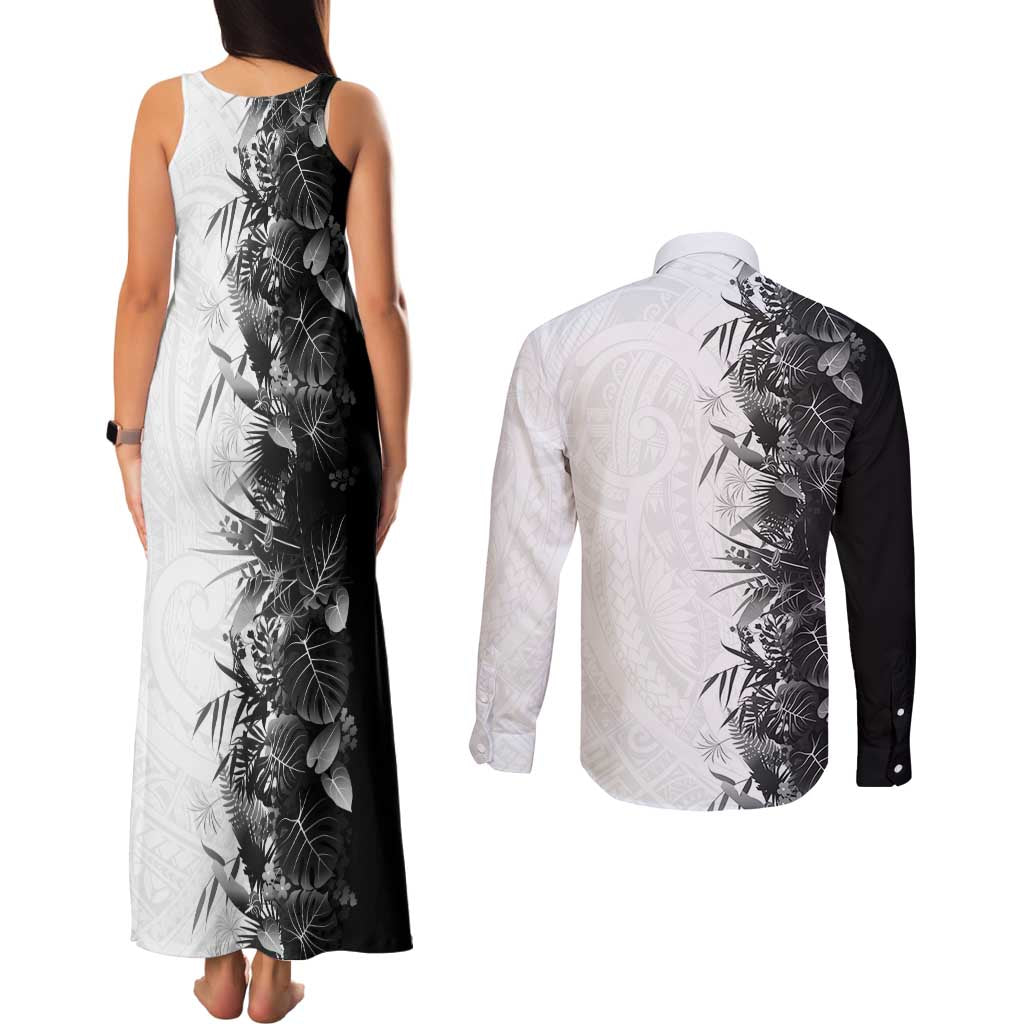 Hawaii Tropical Plant Monochrome Couples Matching Tank Maxi Dress and Long Sleeve Button Shirt Vibrant Polynesian Pattern