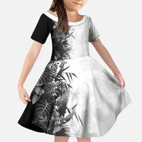 Hawaii Tropical Plant Monochrome Family Matching Off The Shoulder Long Sleeve Dress and Hawaiian Shirt Vibrant Polynesian Pattern LT01 Daughter's Dress Black - Polynesian Pride