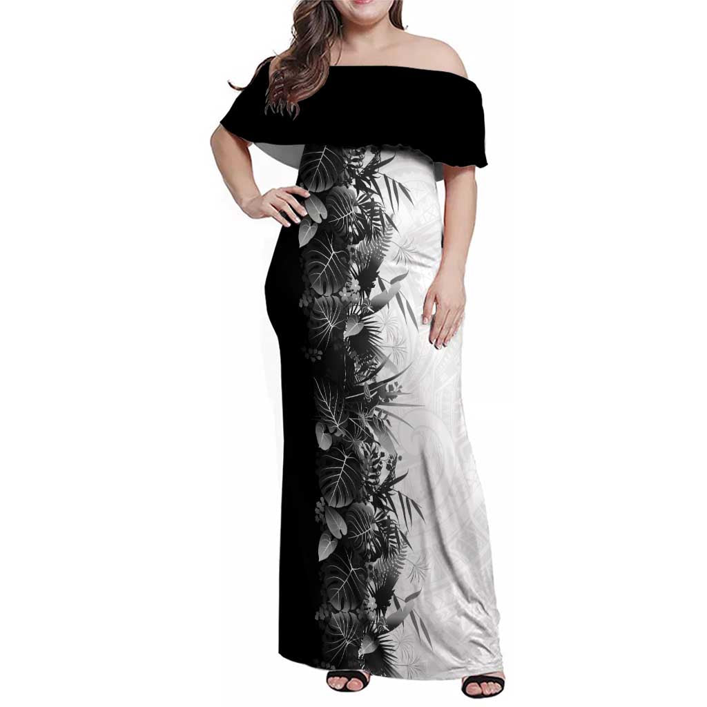 Hawaii Tropical Plant Monochrome Family Matching Off Shoulder Maxi Dress and Hawaiian Shirt Vibrant Polynesian Pattern LT01 Mom's Dress Black - Polynesian Pride