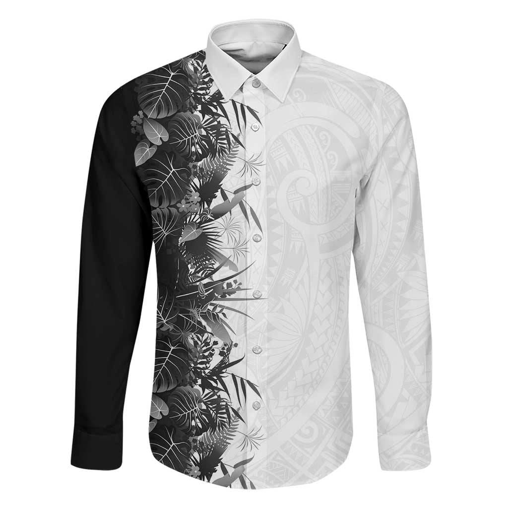 Hawaii Tropical Plant Monochrome Family Matching Puletasi and Hawaiian Shirt Vibrant Polynesian Pattern LT01 Dad's Shirt - Long Sleeve Black - Polynesian Pride