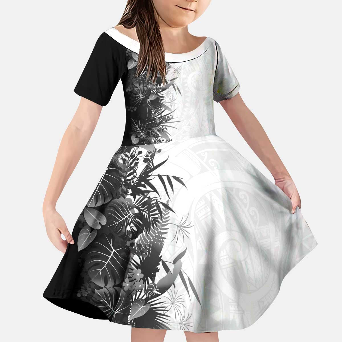 Hawaii Tropical Plant Monochrome Kid Short Sleeve Dress Vibrant Polynesian Pattern