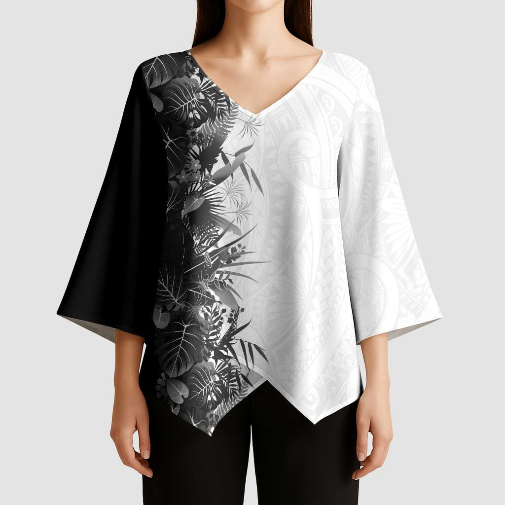 Hawaii Tropical Plant Monochrome Kimono Sleeve Blouse Vibrant Polynesian Pattern