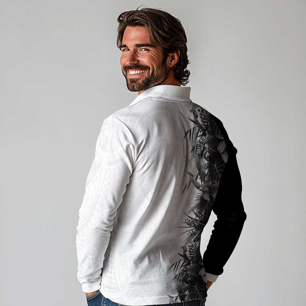 Hawaii Tropical Plant Monochrome Long Sleeve Polo Shirt Vibrant Polynesian Pattern