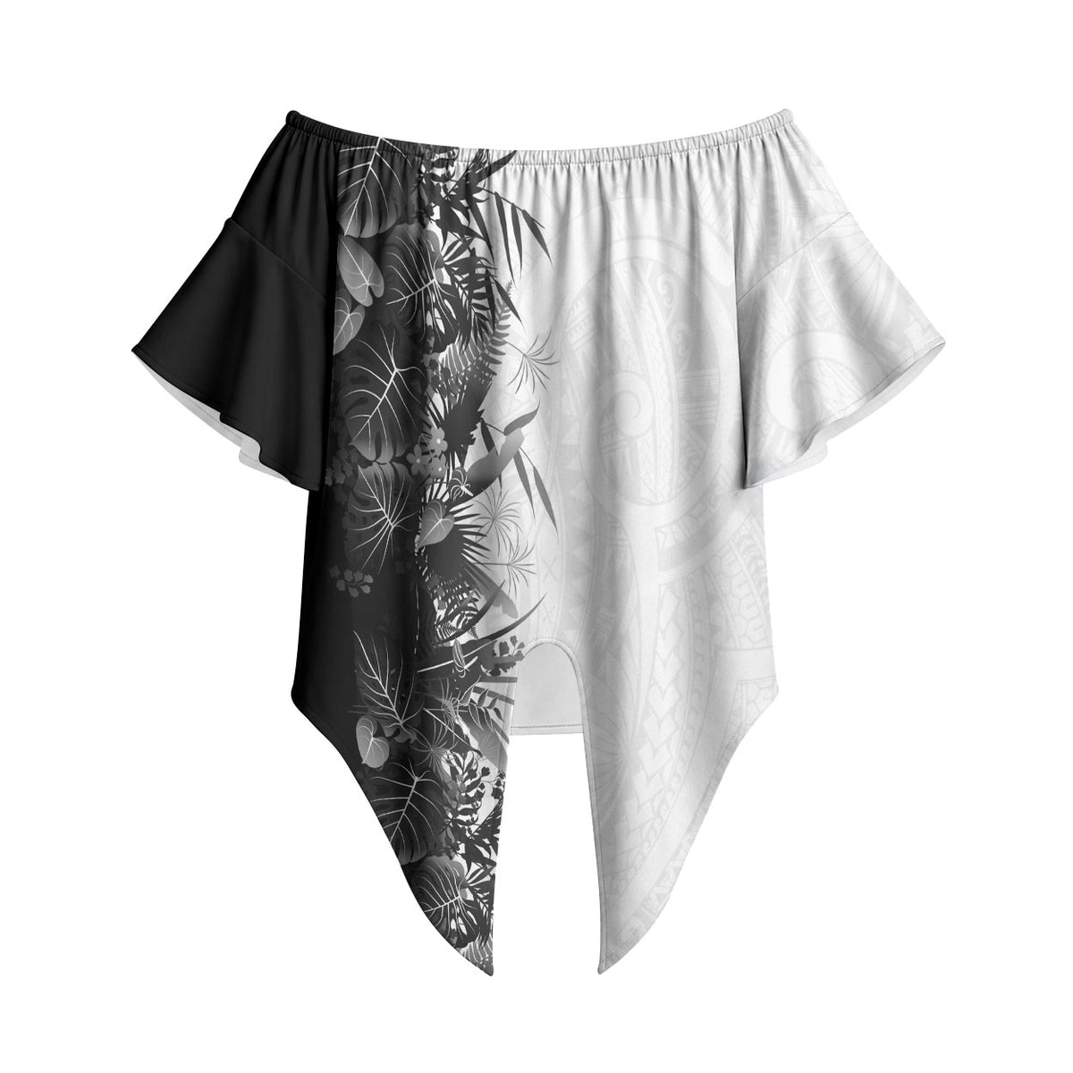 Hawaii Tropical Plant Monochrome Off Shoulder Wrap Waist Top Vibrant Polynesian Pattern LT01 Black - Polynesian Pride