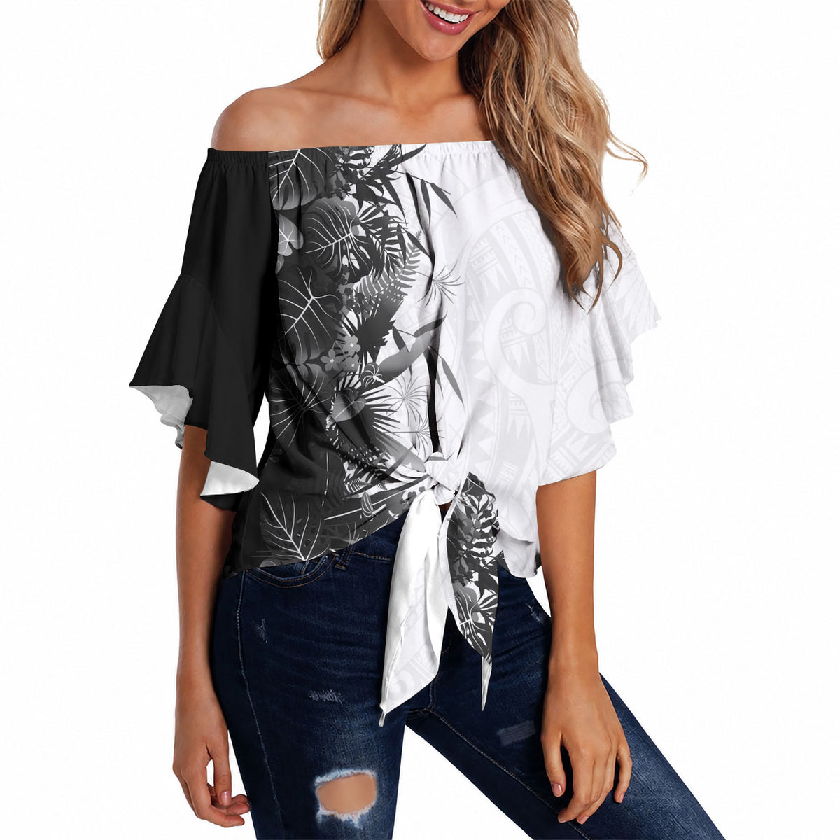 Hawaii Tropical Plant Monochrome Off Shoulder Wrap Waist Top Vibrant Polynesian Pattern LT01 - Polynesian Pride