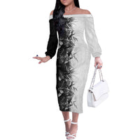 Hawaii Tropical Plant Monochrome Off The Shoulder Long Sleeve Dress Vibrant Polynesian Pattern