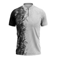 Hawaii Tropical Plant Monochrome Zipper Polo Shirt Vibrant Polynesian Pattern LT01 Black - Polynesian Pride