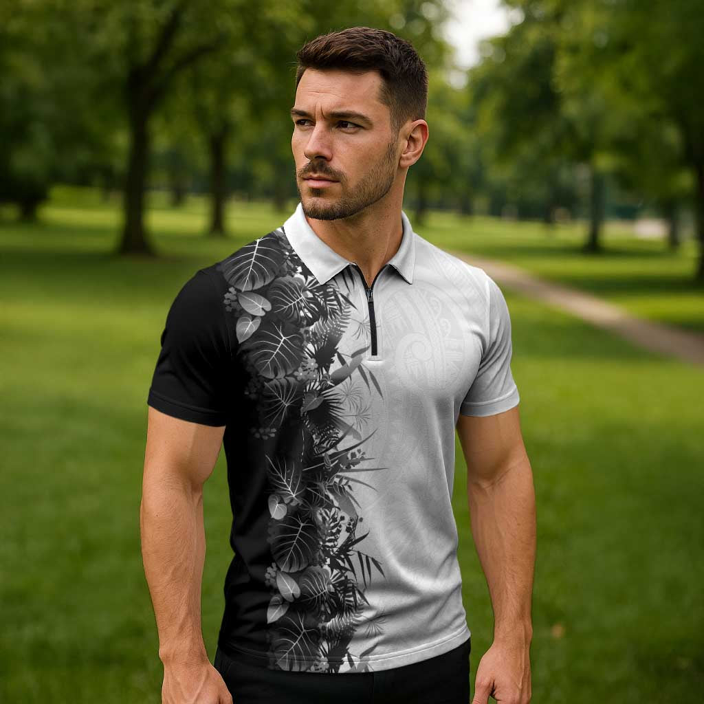 Hawaii Tropical Plant Monochrome Zipper Polo Shirt Vibrant Polynesian Pattern LT01 - Polynesian Pride