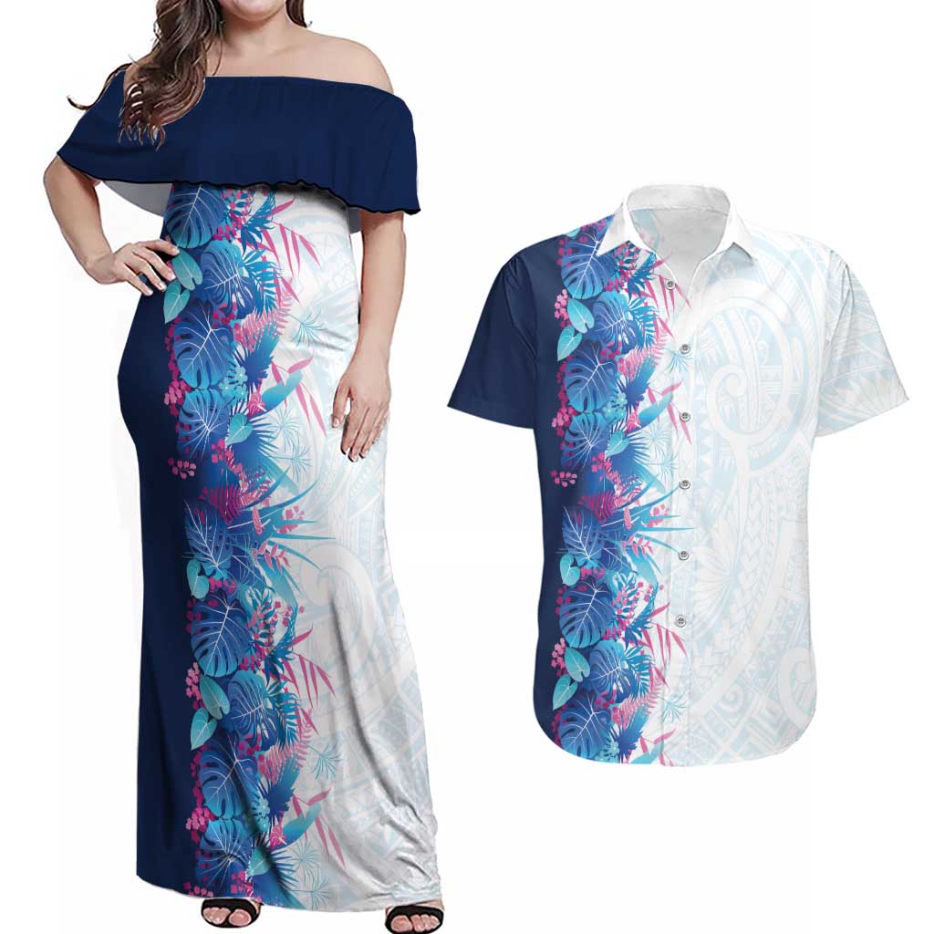 Hawaii Tropical Plant UliUli Couples Matching Off Shoulder Maxi Dress and Hawaiian Shirt Vibrant Polynesian Pattern LT01 Blue - Polynesian Pride