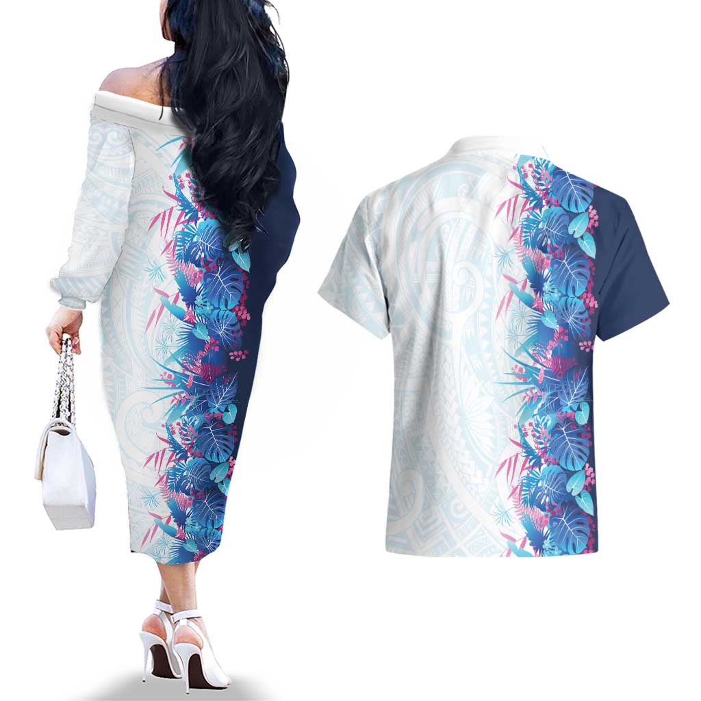 Hawaii Tropical Plant UliUli Couples Matching Off The Shoulder Long Sleeve Dress and Hawaiian Shirt Vibrant Polynesian Pattern