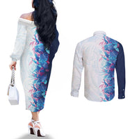 Hawaii Tropical Plant UliUli Couples Matching Off The Shoulder Long Sleeve Dress and Long Sleeve Button Shirt Vibrant Polynesian Pattern