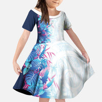 Hawaii Tropical Plant UliUli Family Matching Off Shoulder Short Dress and Hawaiian Shirt Vibrant Polynesian Pattern LT01 Daughter's Dress Blue - Polynesian Pride