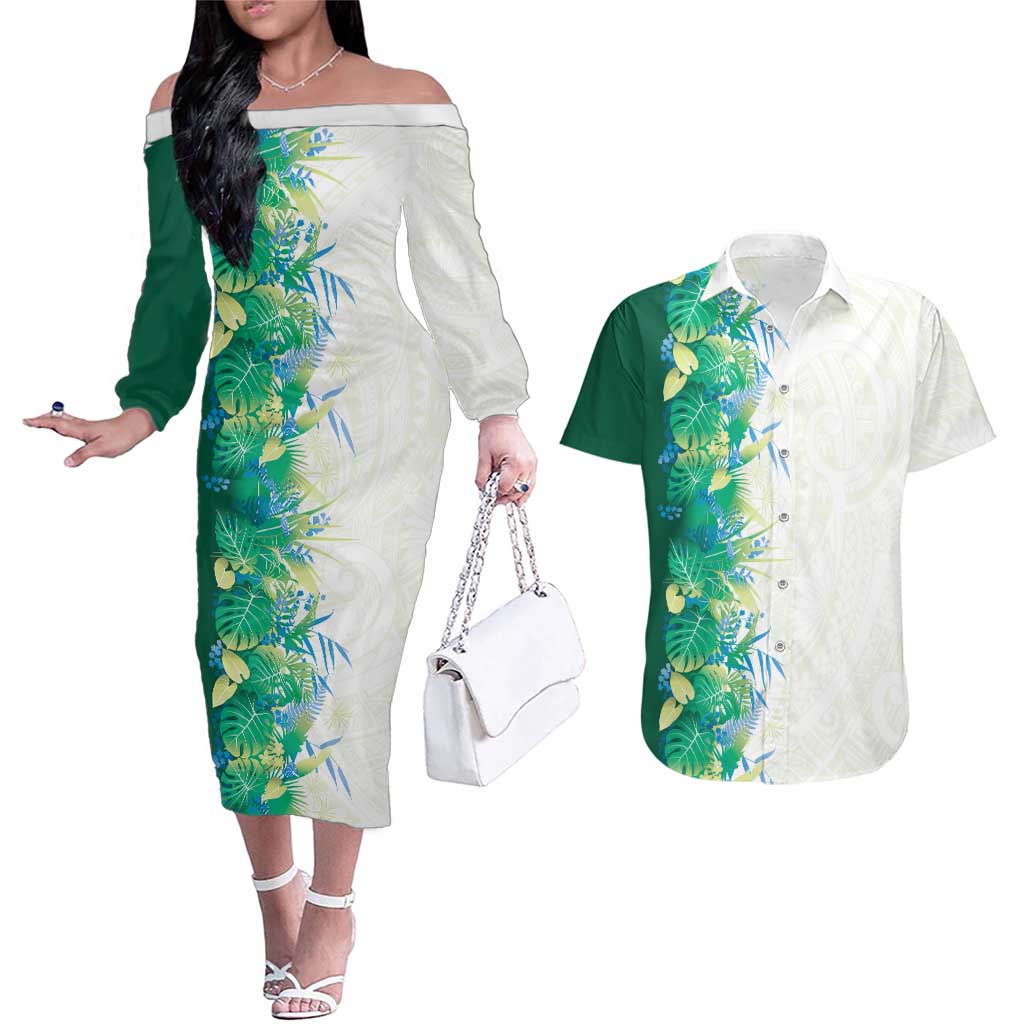 Hawaii Tropical Plant Omaomao Couples Matching Off The Shoulder Long Sleeve Dress and Hawaiian Shirt Vibrant Polynesian Pattern LT01 Green - Polynesian Pride