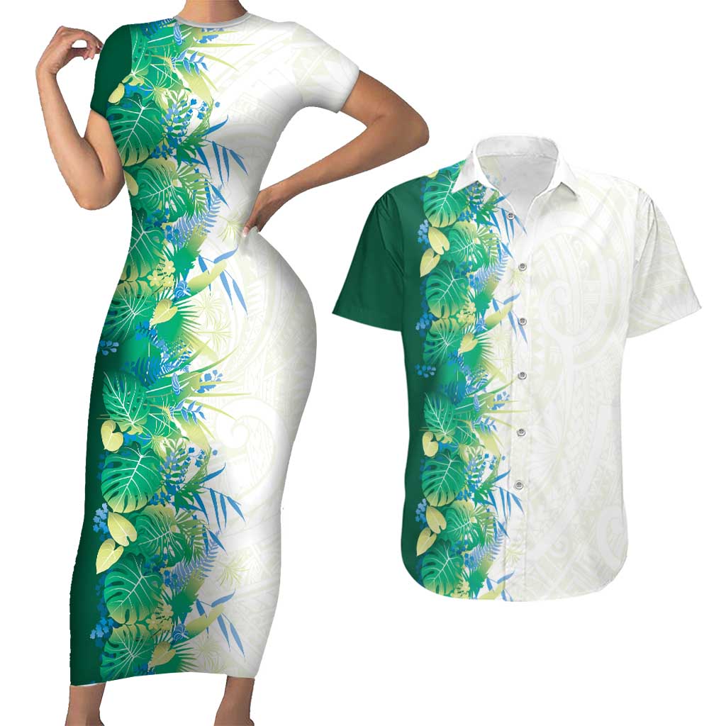 Hawaii Tropical Plant Omaomao Couples Matching Short Sleeve Bodycon Dress and Hawaiian Shirt Vibrant Polynesian Pattern LT01 Green - Polynesian Pride