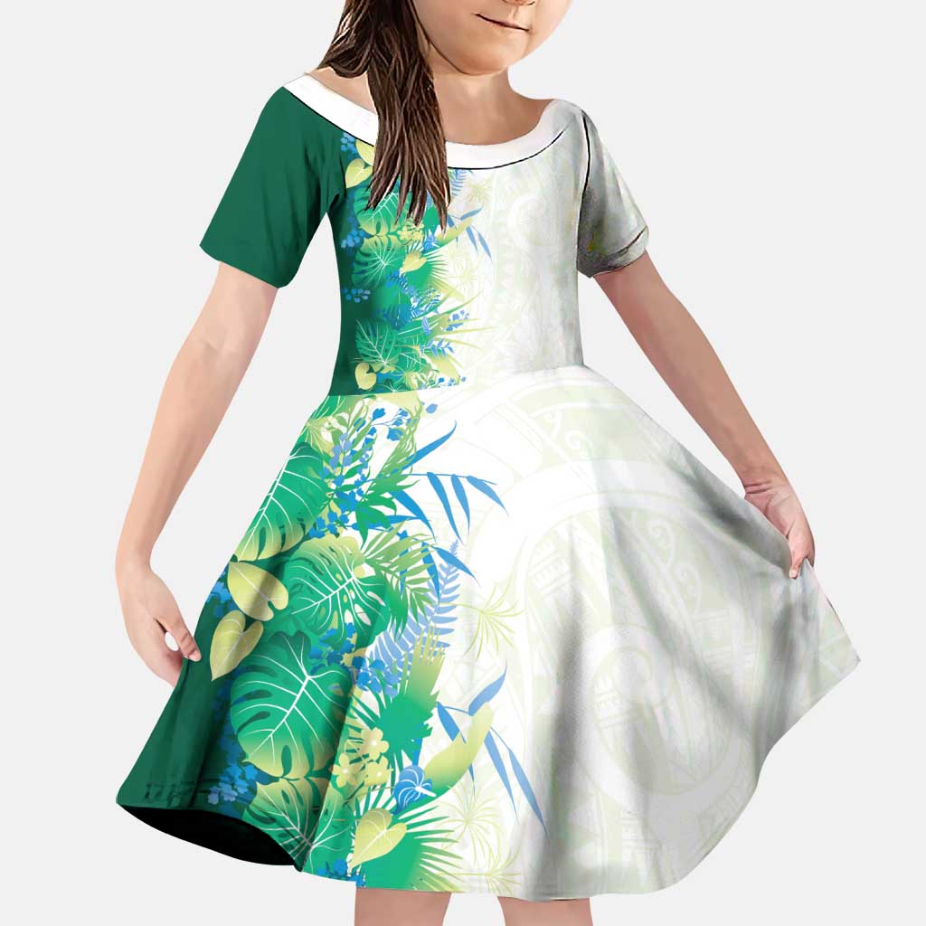 Hawaii Tropical Plant Omaomao Family Matching Off Shoulder Short Dress and Hawaiian Shirt Vibrant Polynesian Pattern LT01 Daughter's Dress Green - Polynesian Pride