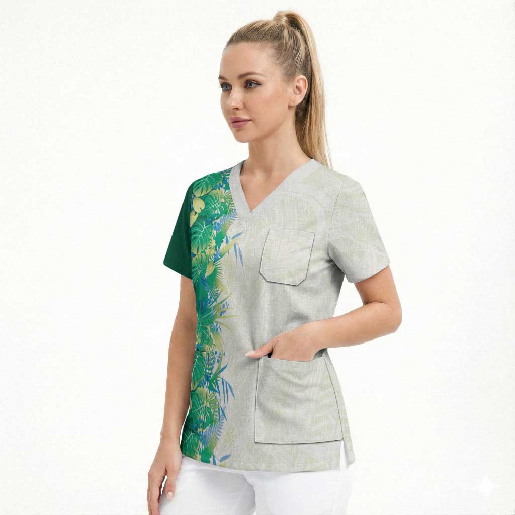 Hawaii Tropical Plant Omaomao Scrub Top Vibrant Polynesian Pattern