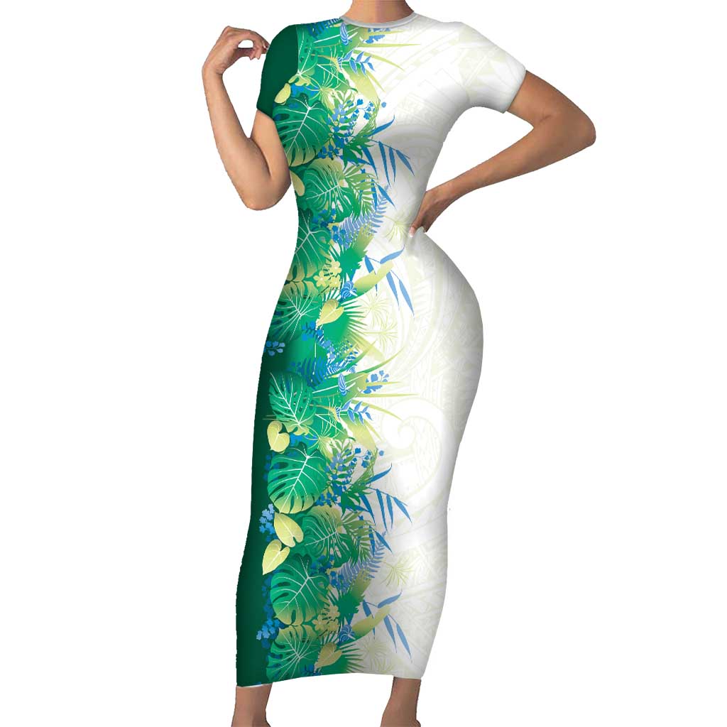 Hawaii Tropical Plant Omaomao Short Sleeve Bodycon Dress Vibrant Polynesian Pattern LT01 Long Dress Green - Polynesian Pride