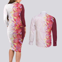 Hawaii Tropical Plant Akala Couples Matching Long Sleeve Bodycon Dress and Long Sleeve Button Shirt Vibrant Polynesian Pattern